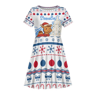 Somalia Christmas Kid Short Sleeve Dress Santa on Camel Christmas Tree Ornaments Candy Canes and Snowflake - African Pride