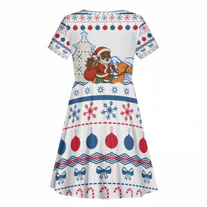 Somalia Christmas Kid Short Sleeve Dress Santa on Camel Christmas Tree Ornaments Candy Canes and Snowflake - African Pride