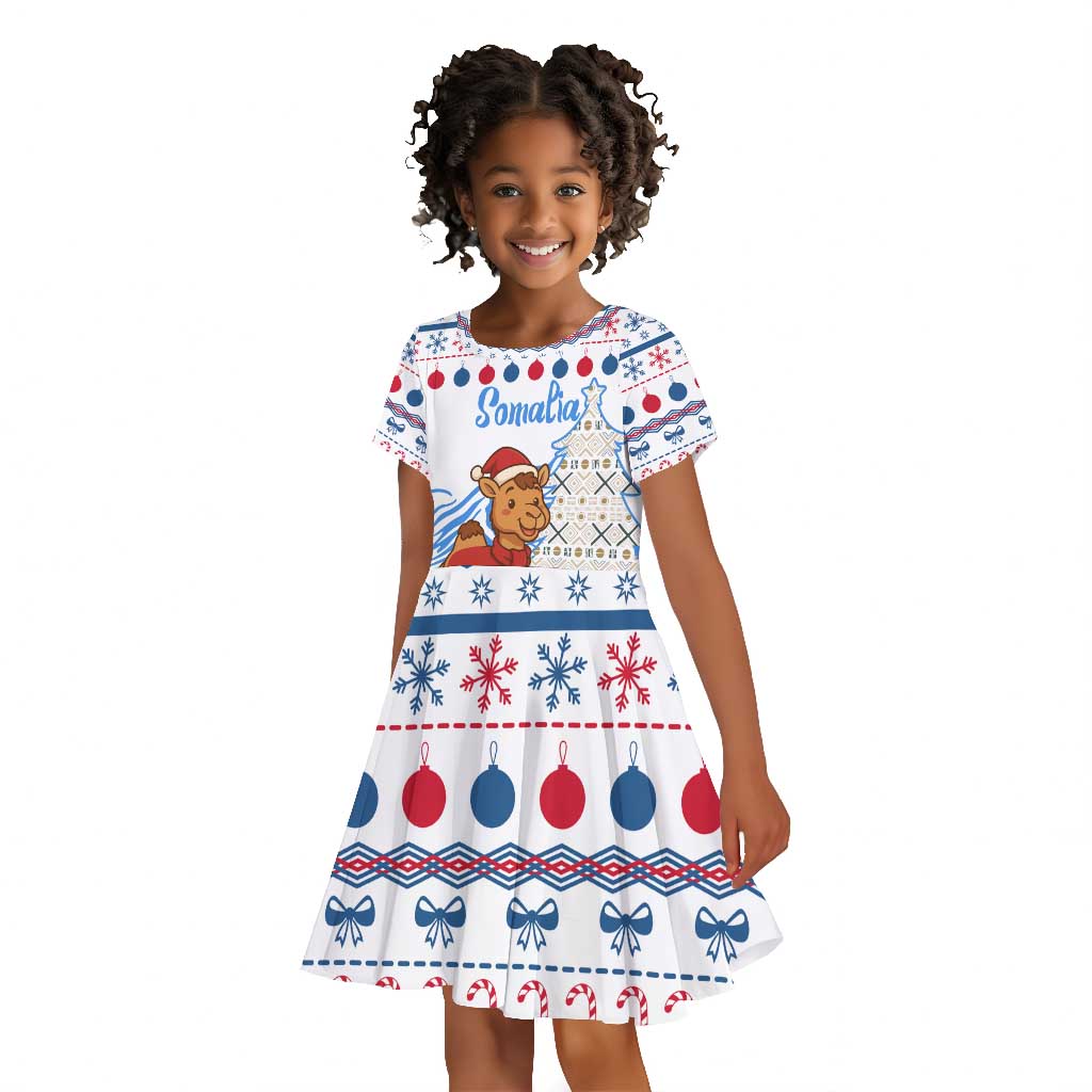 Somalia Christmas Kid Short Sleeve Dress Santa on Camel Christmas Tree Ornaments Candy Canes and Snowflake - African Pride