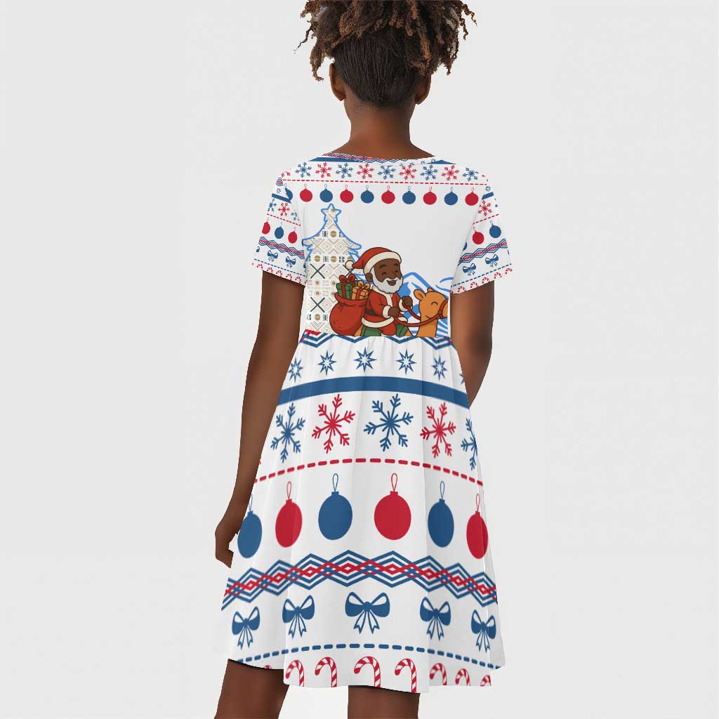 Somalia Christmas Kid Short Sleeve Dress Santa on Camel Christmas Tree Ornaments Candy Canes and Snowflake - African Pride