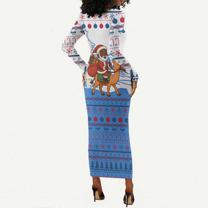 Somalia Christmas Long Sleeve Bodycon Dress Santa on Camel Christmas Tree Ornaments Candy Canes and Snowflake - African Pride