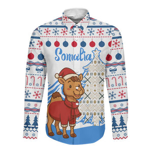 Somalia Christmas Long Sleeve Button Shirt Santa on Camel Christmas Tree Ornaments Candy Canes and Snowflake - African Pride