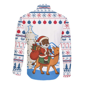Somalia Christmas Long Sleeve Button Shirt Santa on Camel Christmas Tree Ornaments Candy Canes and Snowflake - African Pride