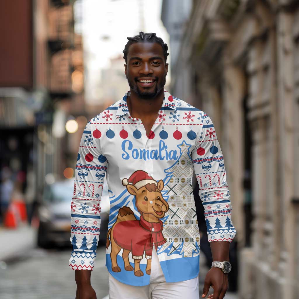 Somalia Christmas Long Sleeve Button Shirt Santa on Camel Christmas Tree Ornaments Candy Canes and Snowflake - African Pride