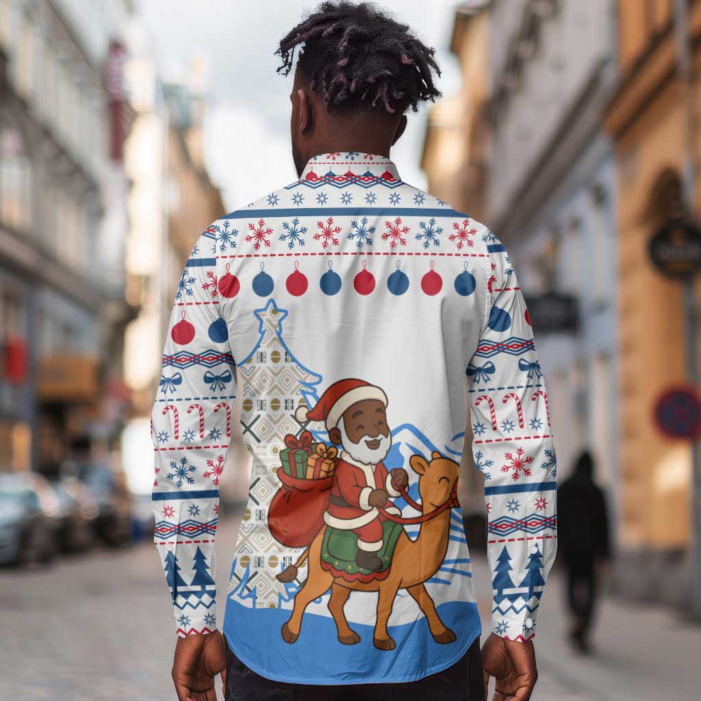 Somalia Christmas Long Sleeve Button Shirt Santa on Camel Christmas Tree Ornaments Candy Canes and Snowflake - African Pride