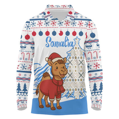 Somalia Christmas Long Sleeve Polo Shirt Santa on Camel Christmas Tree Ornaments Candy Canes and Snowflake - African Pride