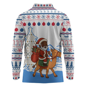 Somalia Christmas Long Sleeve Polo Shirt Santa on Camel Christmas Tree Ornaments Candy Canes and Snowflake - African Pride