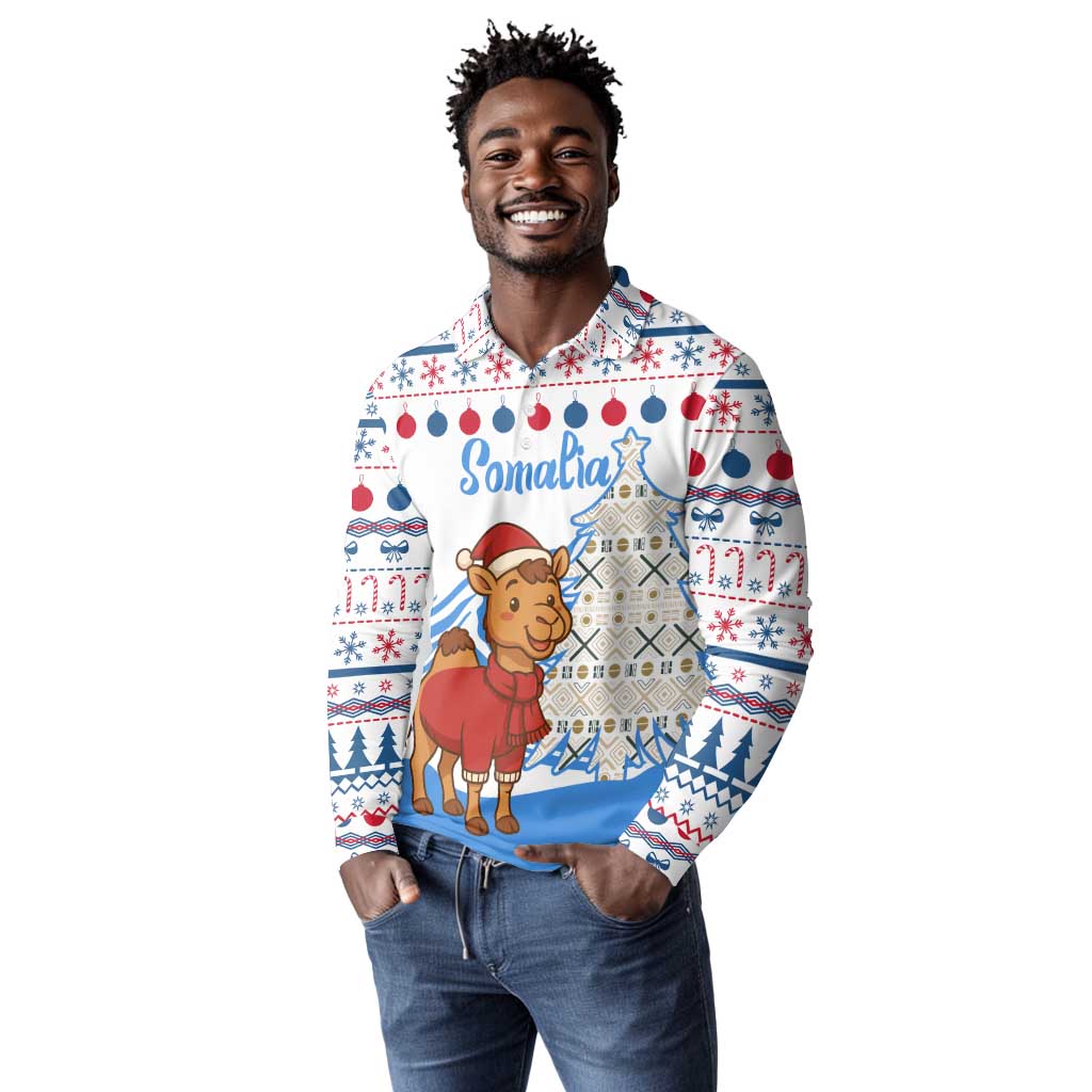Somalia Christmas Long Sleeve Polo Shirt Santa on Camel Christmas Tree Ornaments Candy Canes and Snowflake - African Pride