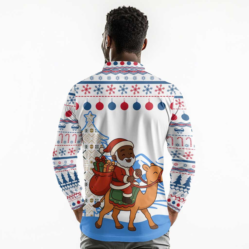 Somalia Christmas Long Sleeve Polo Shirt Santa on Camel Christmas Tree Ornaments Candy Canes and Snowflake - African Pride