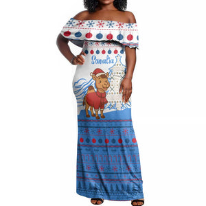 Somalia Christmas Off Shoulder Maxi Dress Santa on Camel Christmas Tree Ornaments Candy Canes and Snowflake - African Pride