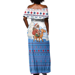 Somalia Christmas Off Shoulder Maxi Dress Santa on Camel Christmas Tree Ornaments Candy Canes and Snowflake - African Pride