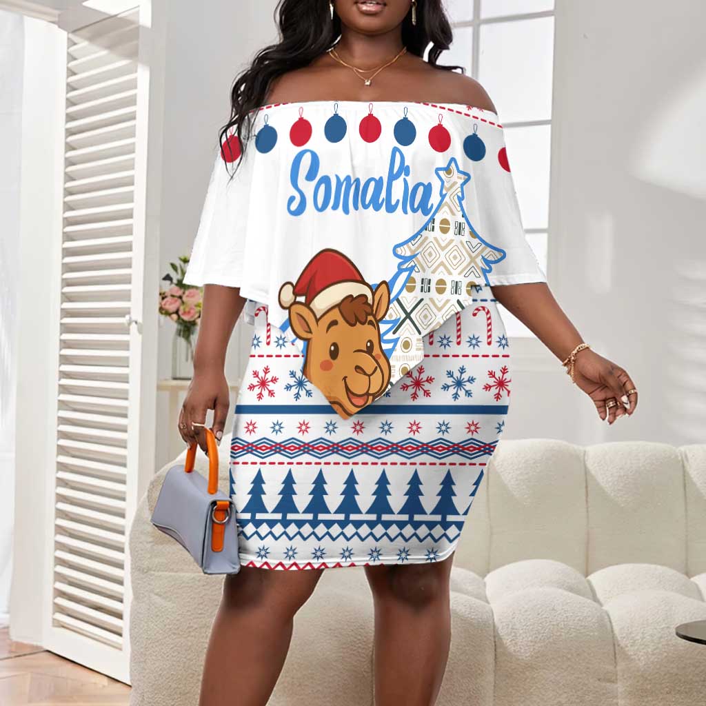 Somalia Christmas Off Shoulder Short Dress Santa on Camel Christmas Tree Ornaments Candy Canes and Snowflake - African Pride