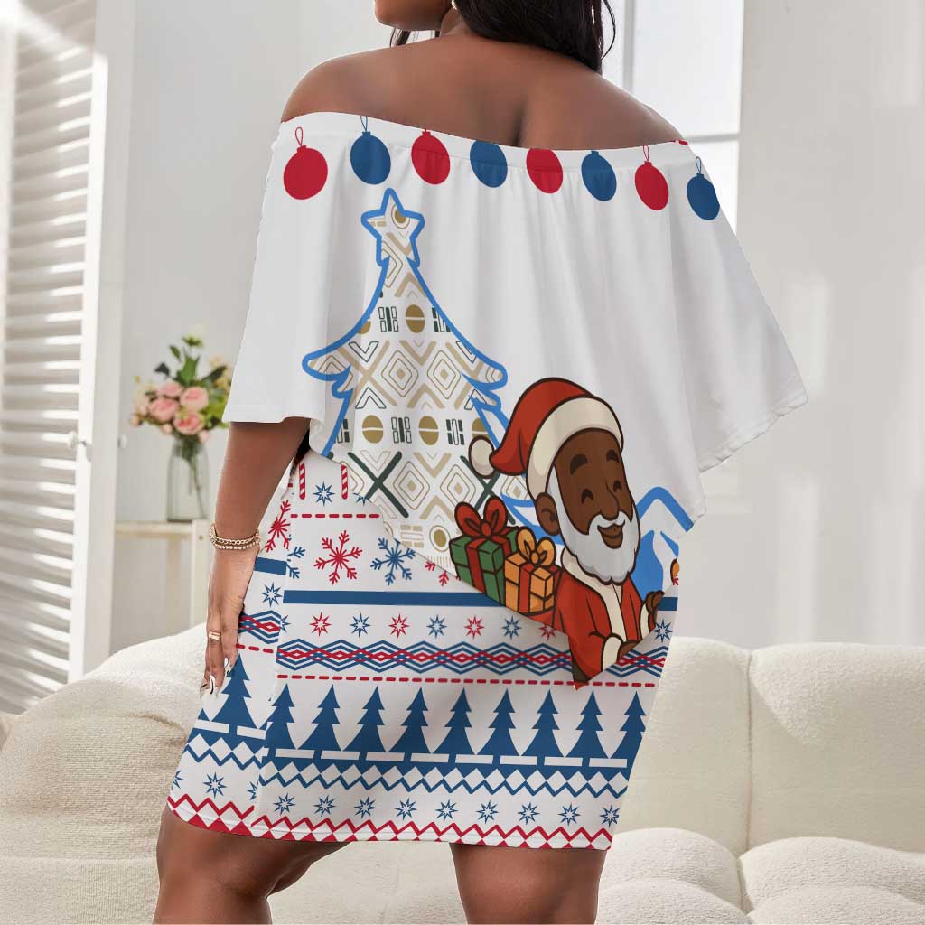 Somalia Christmas Off Shoulder Short Dress Santa on Camel Christmas Tree Ornaments Candy Canes and Snowflake - African Pride