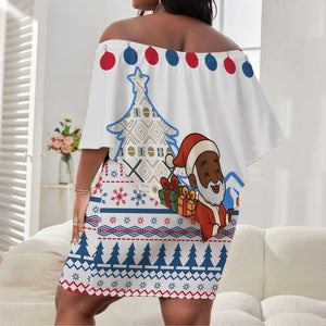Somalia Christmas Off Shoulder Short Dress Santa on Camel Christmas Tree Ornaments Candy Canes and Snowflake - African Pride