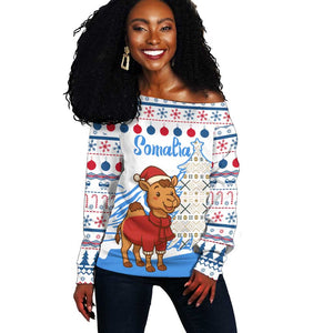 Somalia Christmas Off Shoulder Sweater Santa on Camel Christmas Tree Ornaments Candy Canes and Snowflake - African Pride