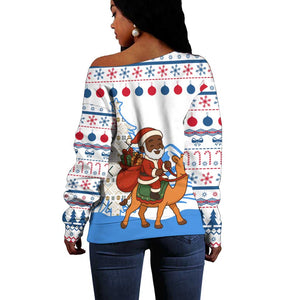 Somalia Christmas Off Shoulder Sweater Santa on Camel Christmas Tree Ornaments Candy Canes and Snowflake - African Pride