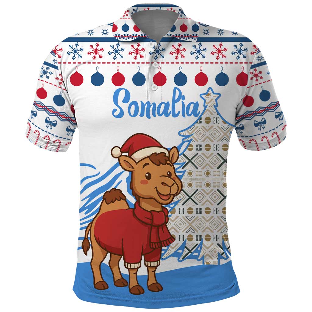 Somalia Christmas Polo Shirt Santa on Camel Christmas Tree Ornaments Candy Canes and Snowflake - African Pride