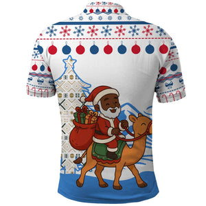 Somalia Christmas Polo Shirt Santa on Camel Christmas Tree Ornaments Candy Canes and Snowflake - African Pride