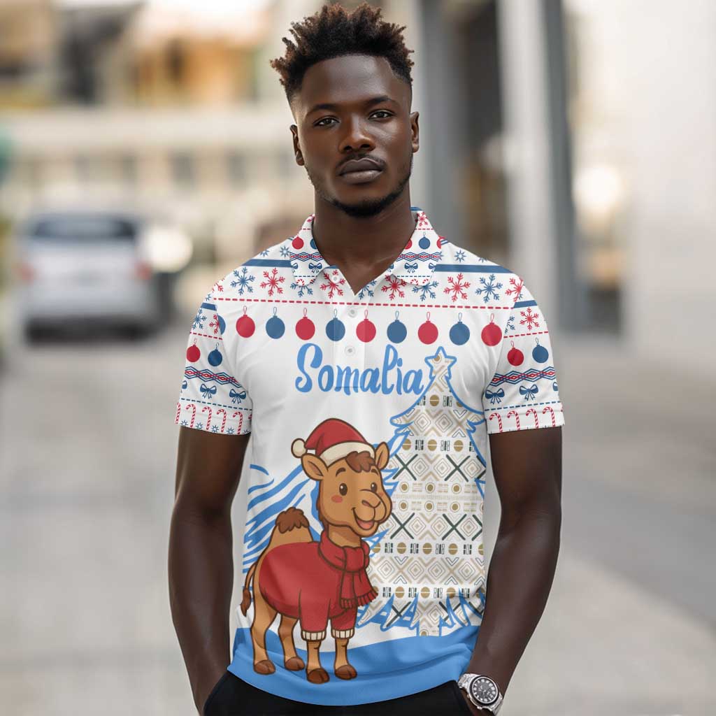 Somalia Christmas Polo Shirt Santa on Camel Christmas Tree Ornaments Candy Canes and Snowflake - African Pride