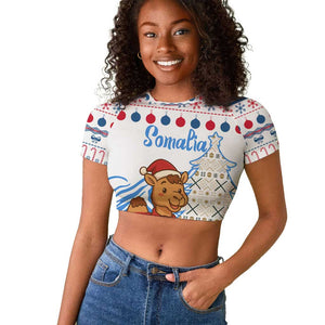 Somalia Christmas Raglan Cropped T shirt Santa on Camel Christmas Tree Ornaments Candy Canes and Snowflake - African Pride