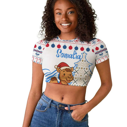 Somalia Christmas Raglan Cropped T shirt Santa on Camel Christmas Tree Ornaments Candy Canes and Snowflake - African Pride