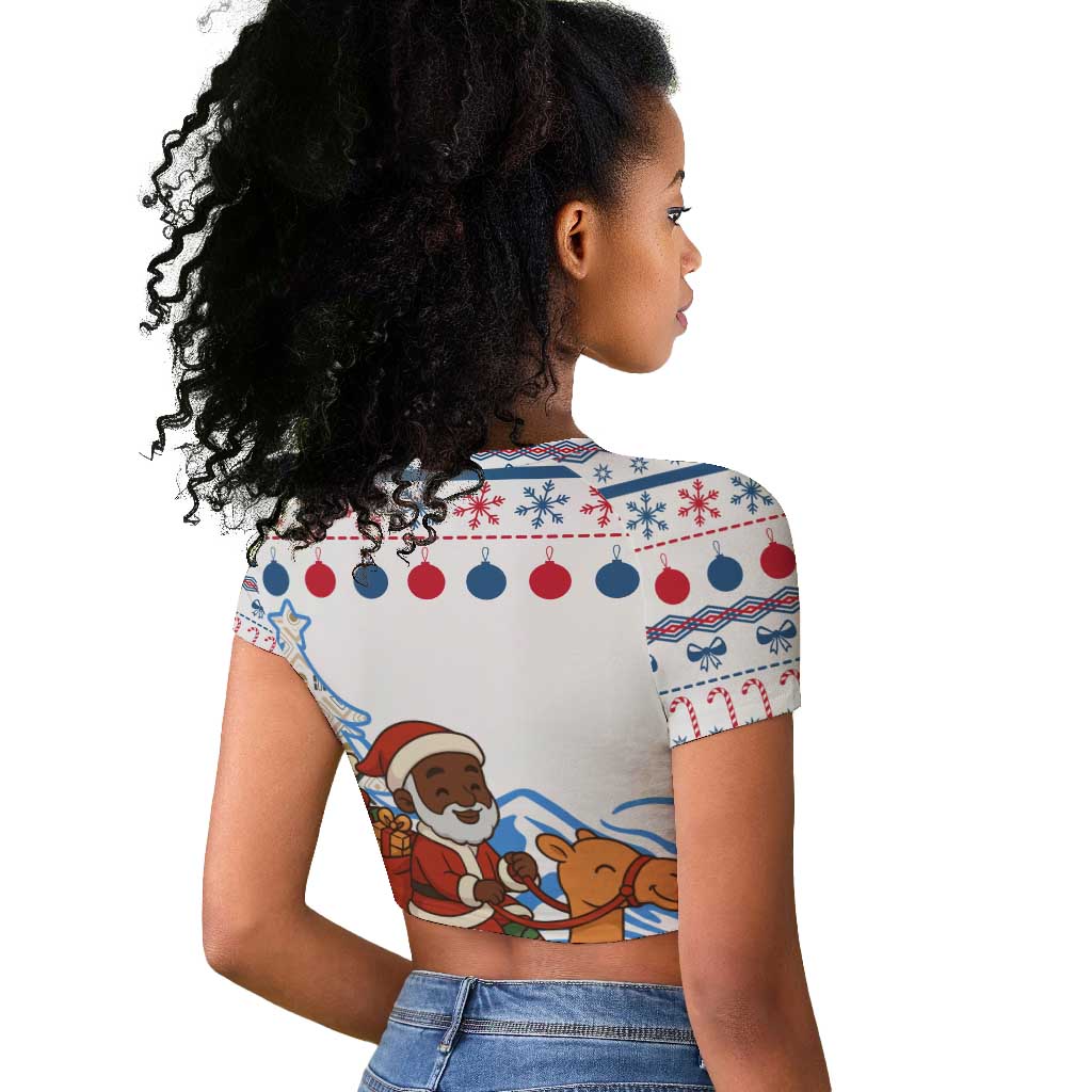 Somalia Christmas Raglan Cropped T shirt Santa on Camel Christmas Tree Ornaments Candy Canes and Snowflake - African Pride