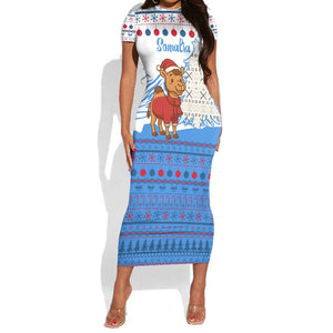 Somalia Christmas Short Sleeve Bodycon Dress Santa on Camel Christmas Tree Ornaments Candy Canes and Snowflake - African Pride