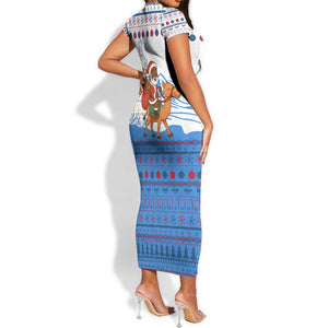 Somalia Christmas Short Sleeve Bodycon Dress Santa on Camel Christmas Tree Ornaments Candy Canes and Snowflake - African Pride
