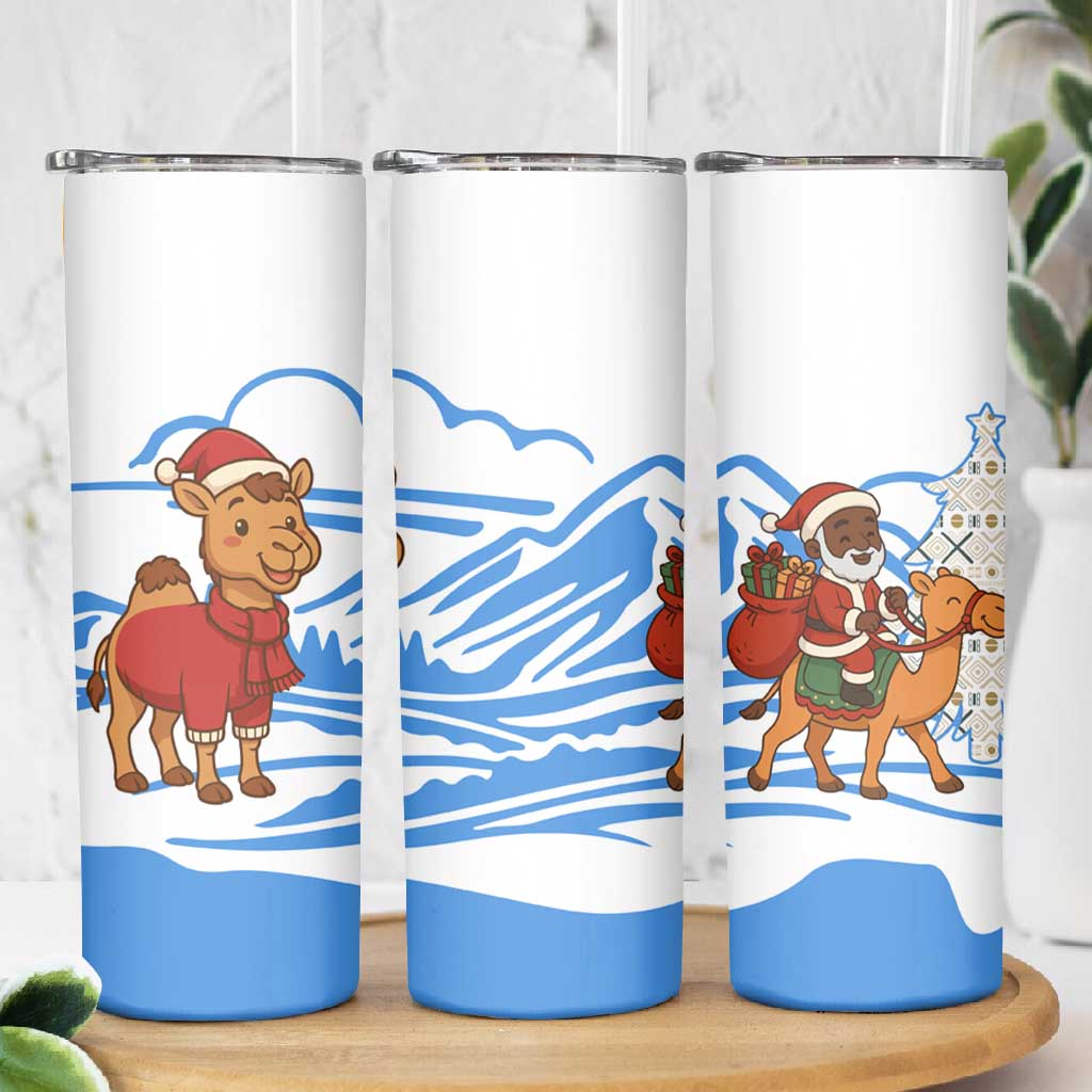 Somalia Christmas Skinny Tumbler Santa on Camel Christmas Tree Ornaments Candy Canes and Snowflake - African Pride