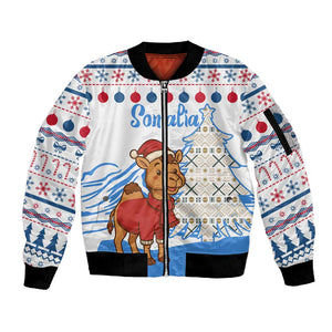 Somalia Christmas Sleeve Zip Bomber Jacket Santa on Camel Christmas Tree Ornaments Candy Canes and Snowflake - African Pride