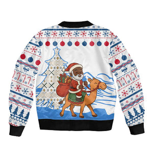 Somalia Christmas Sleeve Zip Bomber Jacket Santa on Camel Christmas Tree Ornaments Candy Canes and Snowflake - African Pride