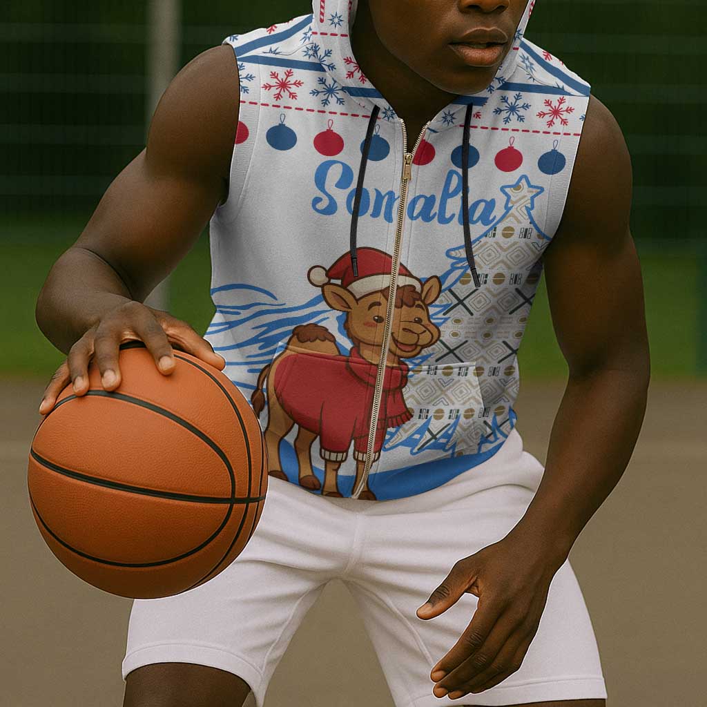 Somalia Christmas Sleeveless Zip Hoodie Santa on Camel Christmas Tree Ornaments Candy Canes and Snowflake - African Pride