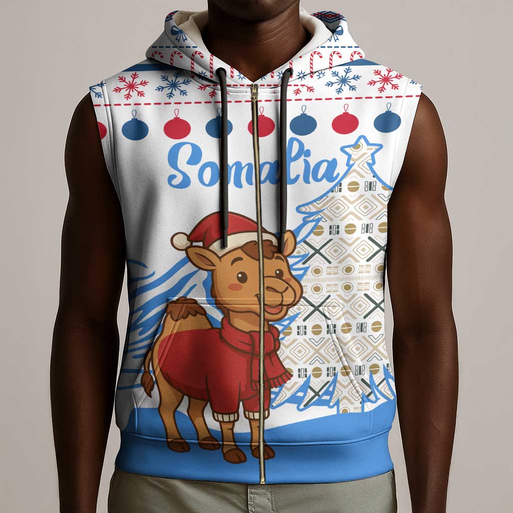 Somalia Christmas Sleeveless Zip Hoodie Santa on Camel Christmas Tree Ornaments Candy Canes and Snowflake - African Pride