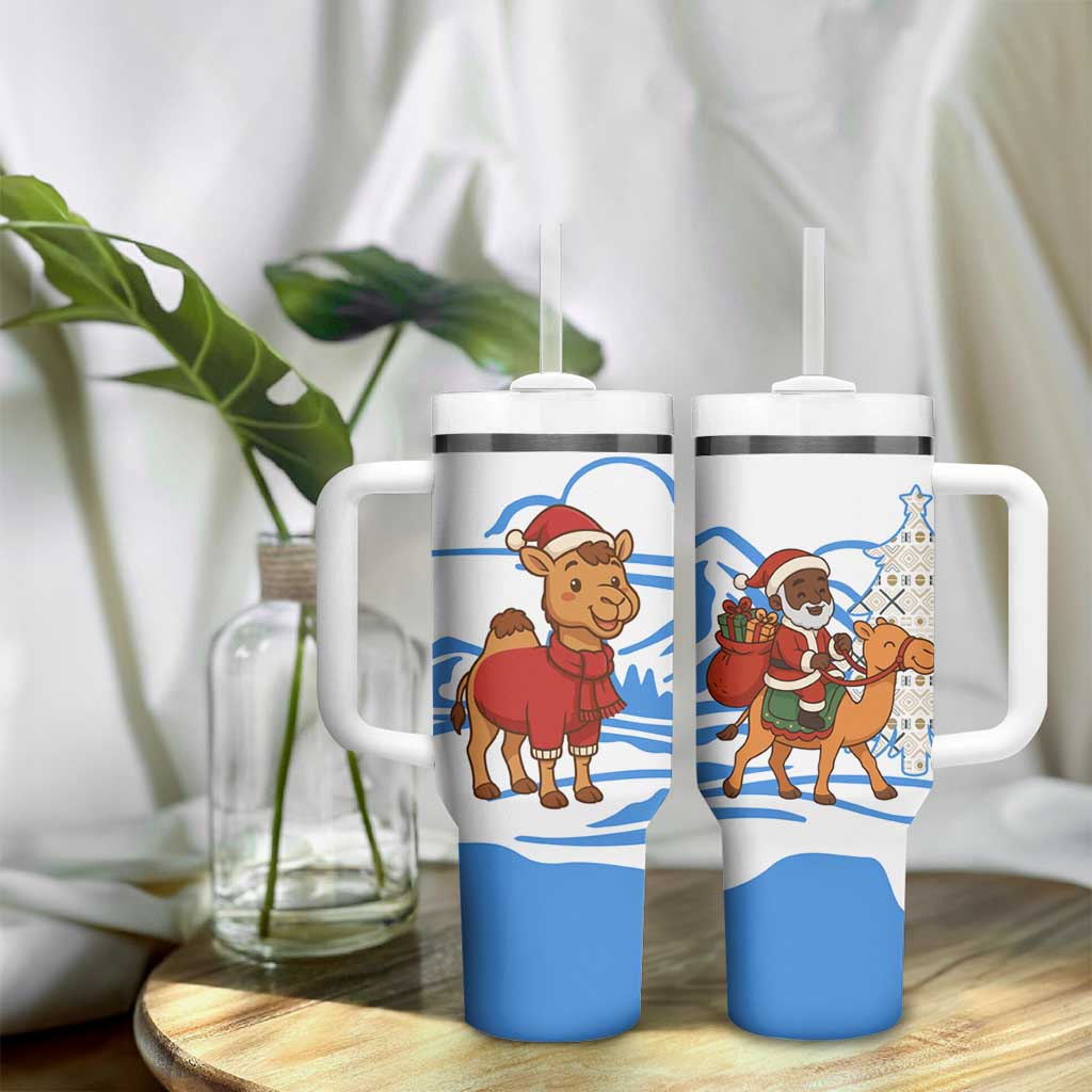 Somalia Christmas Tumbler With Handle Santa on Camel Christmas Tree Ornaments Candy Canes and Snowflake - African Pride
