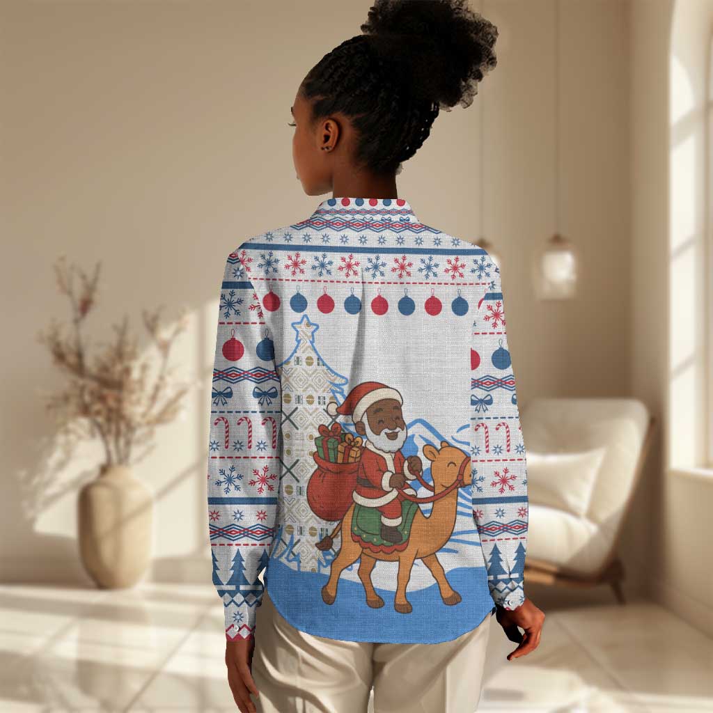 Somalia Christmas Women Casual Shirt Santa on Camel Christmas Tree Ornaments Candy Canes and Snowflake - African Pride