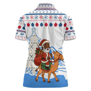Somalia Christmas Women Polo Shirt Santa on Camel Christmas Tree Ornaments Candy Canes and Snowflake - African Pride