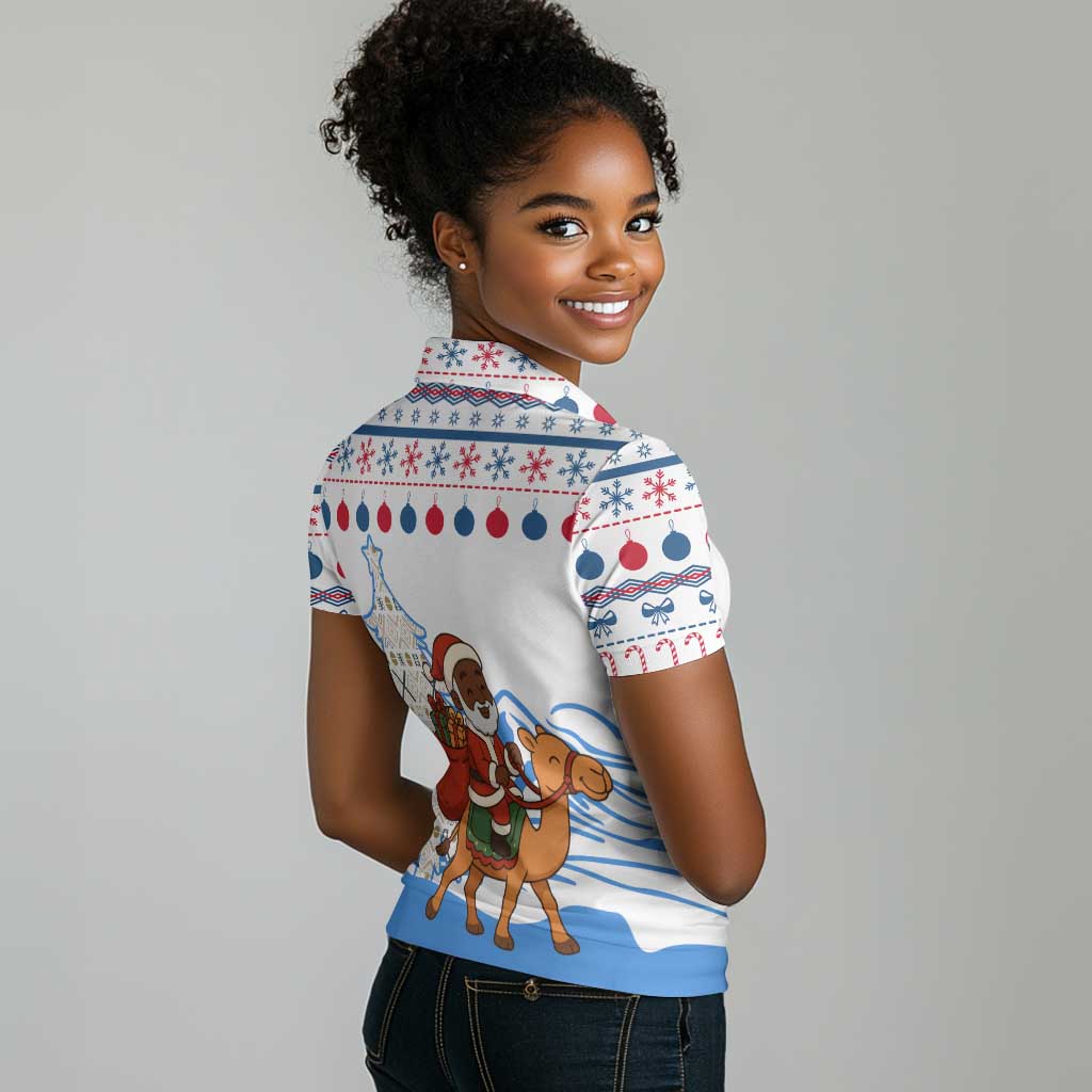 Somalia Christmas Women Polo Shirt Santa on Camel Christmas Tree Ornaments Candy Canes and Snowflake - African Pride