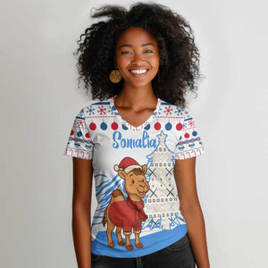 Somalia Christmas Women V-Neck T-Shirt Santa on Camel Christmas Tree Ornaments Candy Canes and Snowflake - African Pride