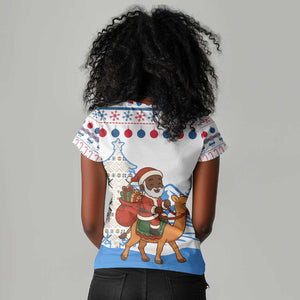 Somalia Christmas Women V-Neck T-Shirt Santa on Camel Christmas Tree Ornaments Candy Canes and Snowflake - African Pride