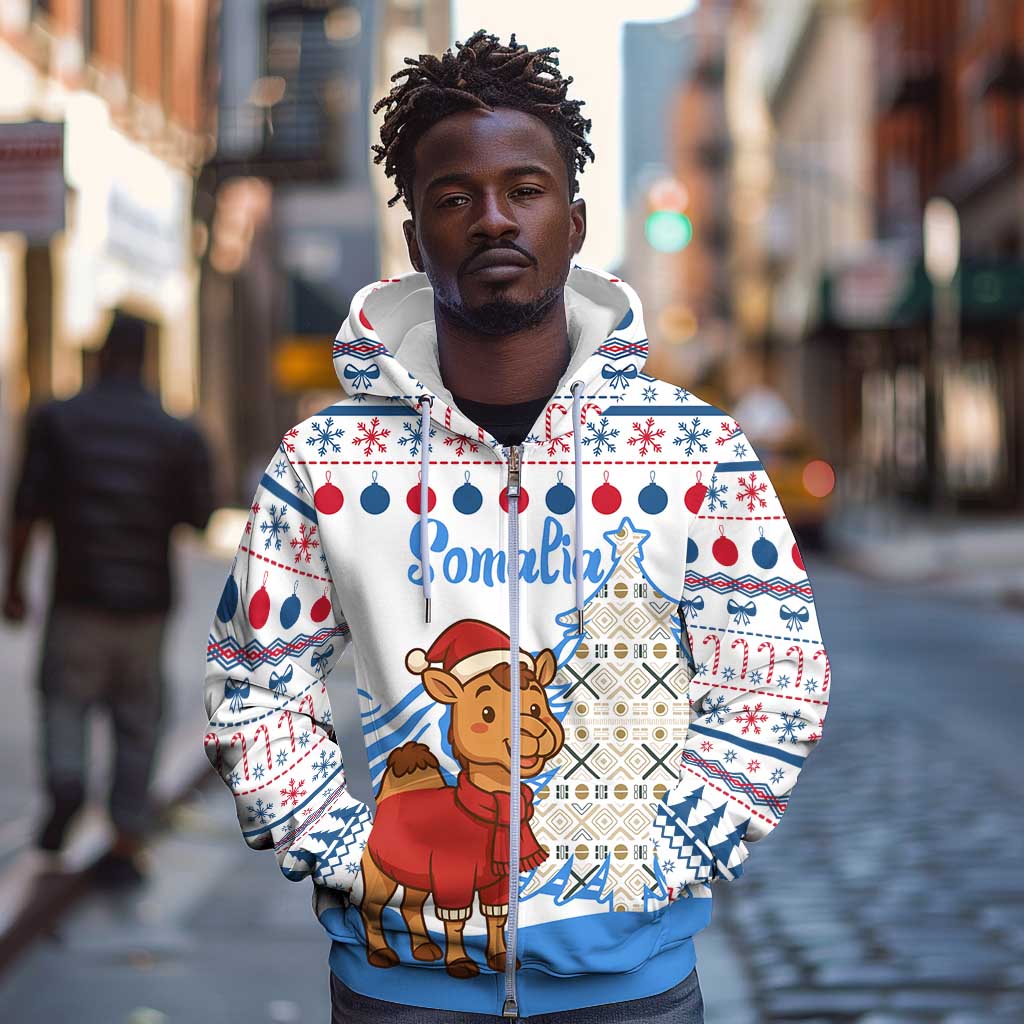 Somalia Christmas Zip Hoodie Santa on Camel Christmas Tree Ornaments Candy Canes and Snowflake - African Pride