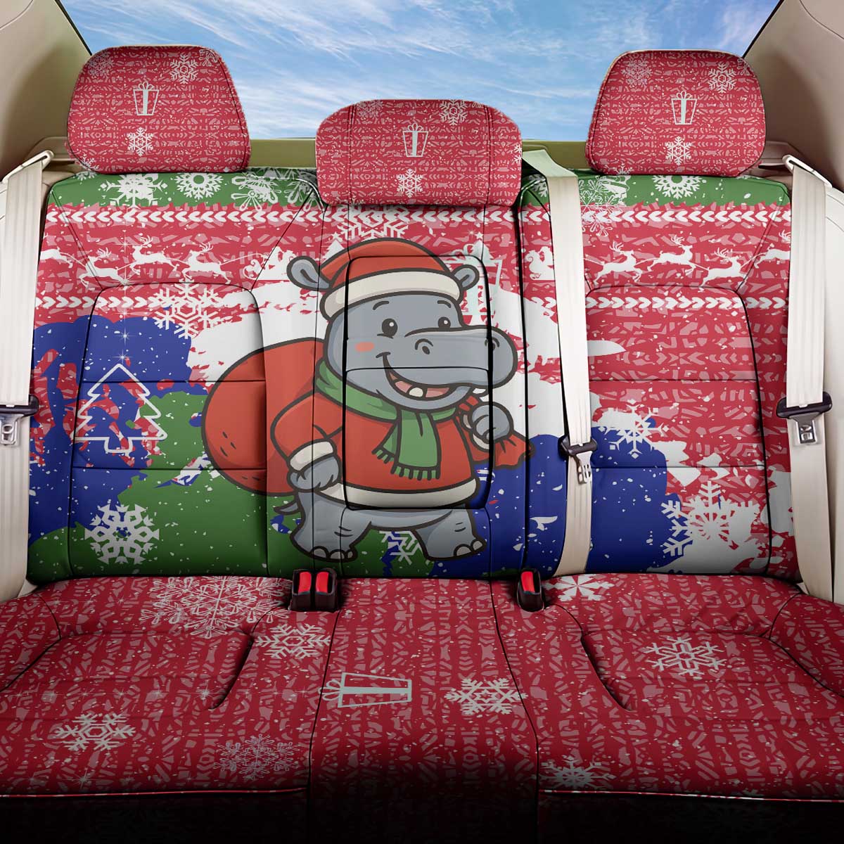 Gambia Christmas Back Car Seat Cover Santa Hippo National Coat of Arms Snowflakes and Festive Holiday - African Pride
