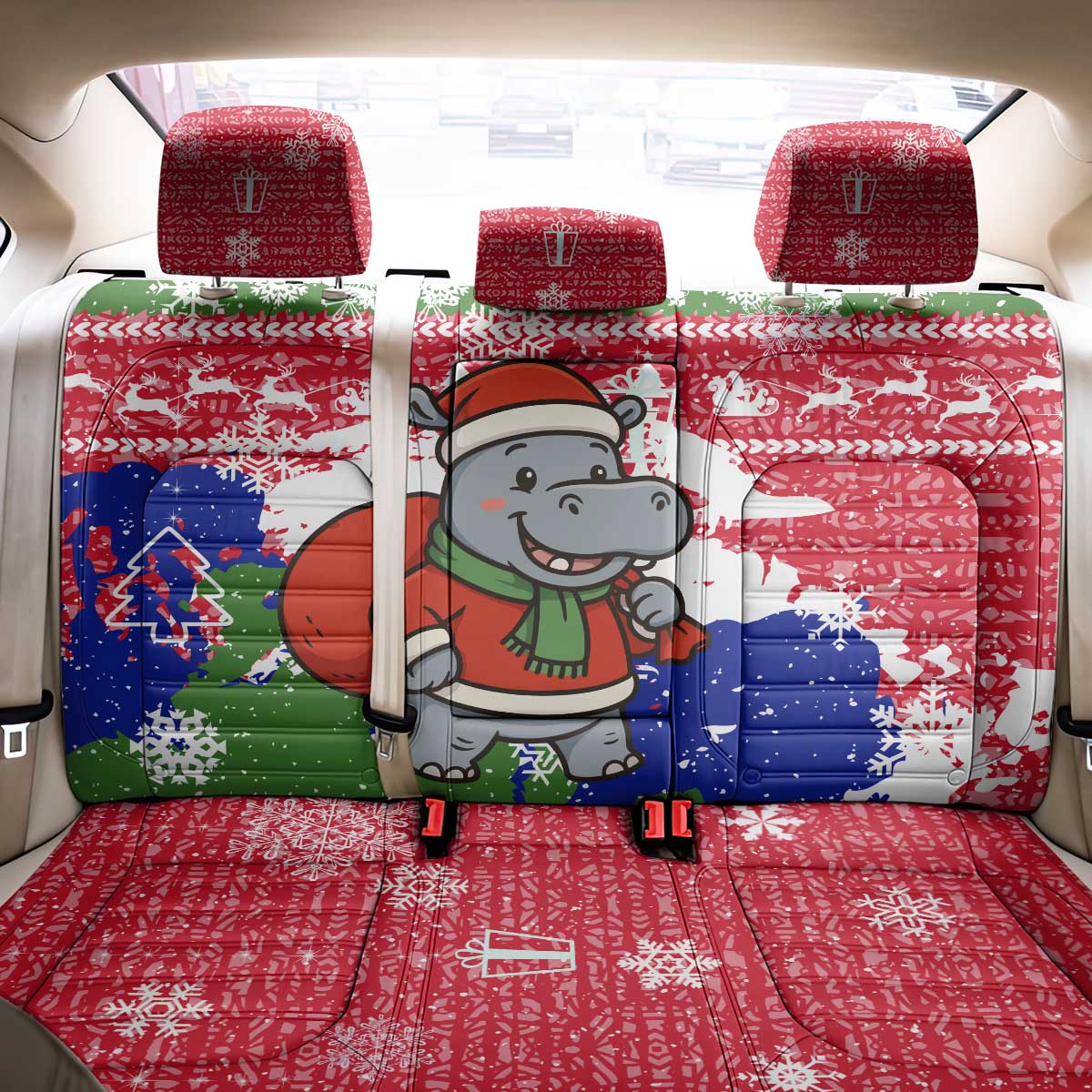 Gambia Christmas Back Car Seat Cover Santa Hippo National Coat of Arms Snowflakes and Festive Holiday - African Pride