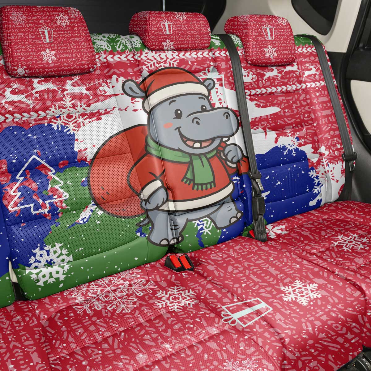 Gambia Christmas Back Car Seat Cover Santa Hippo National Coat of Arms Snowflakes and Festive Holiday - African Pride