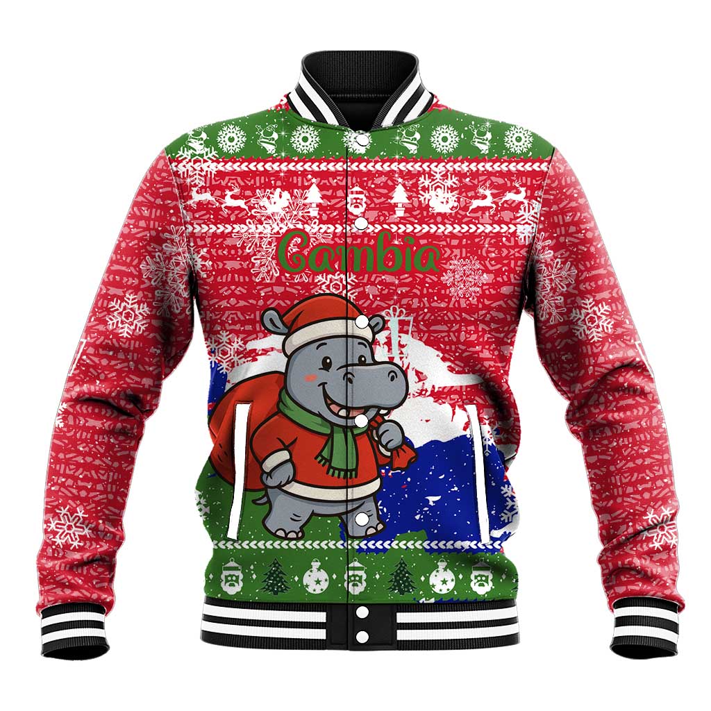 Gambia Christmas Baseball Jacket Santa Hippo National Coat of Arms Snowflakes and Festive Holiday - African Pride