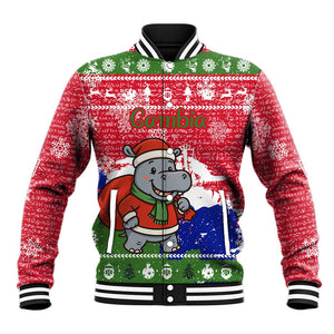 Gambia Christmas Baseball Jacket Santa Hippo National Coat of Arms Snowflakes and Festive Holiday - African Pride