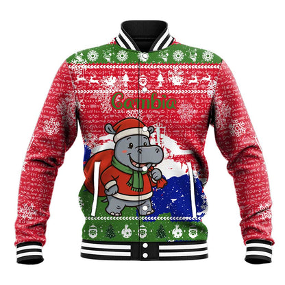 Gambia Christmas Baseball Jacket Santa Hippo National Coat of Arms Snowflakes and Festive Holiday - African Pride