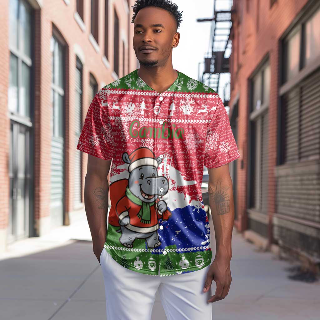 Gambia Christmas Baseball Jersey Santa Hippo National Coat of Arms Snowflakes and Festive Holiday - African Pride