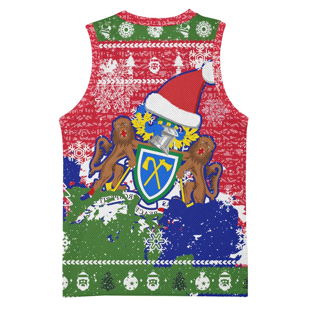 Gambia Christmas Basketball Jersey Santa Hippo National Coat of Arms Snowflakes and Festive Holiday - African Pride