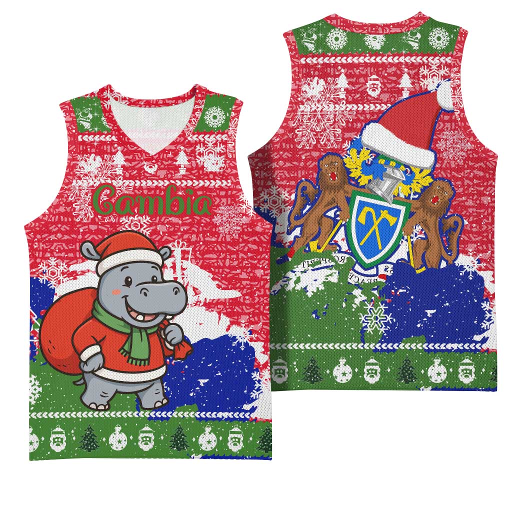 Gambia Christmas Basketball Jersey Santa Hippo National Coat of Arms Snowflakes and Festive Holiday - African Pride