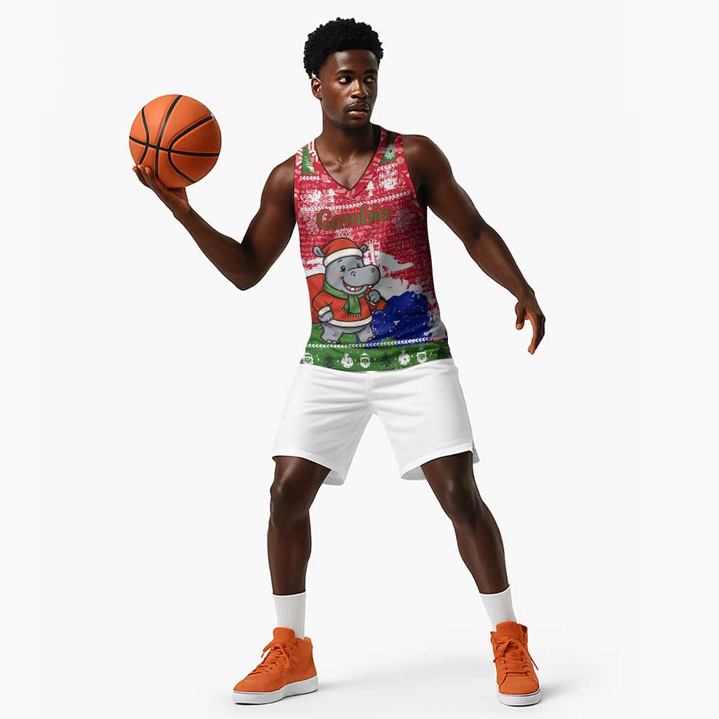 Gambia Christmas Basketball Jersey Santa Hippo National Coat of Arms Snowflakes and Festive Holiday - African Pride